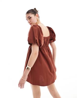 ASOS DESIGN puffed sleeve smock mini dress in brown