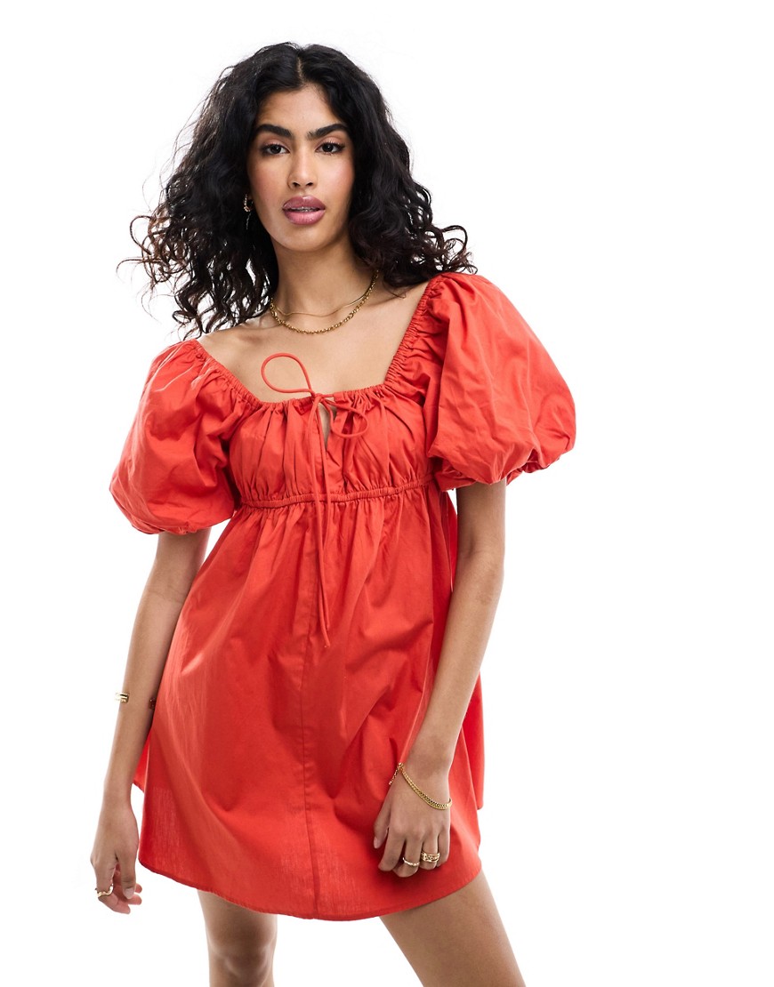 ASOS DESIGN puffed sleeve smock mini dress in red