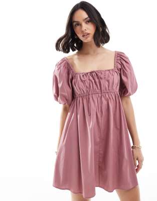 Asos Design Puffed Sleeve Smock Mini Dress In Rose-pink