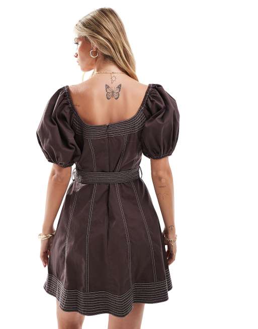 ASOS DESIGN puffed sleeve twill mini dress with belt & topstitch in burgundy, 4 of 4