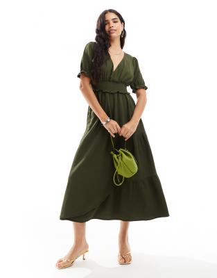 asos design puffed sleeve wrap midi dress in forest green