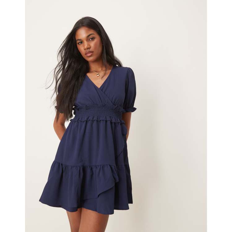 ASOS Design Puffed Sleeve Wrap Mini Dress in Navy