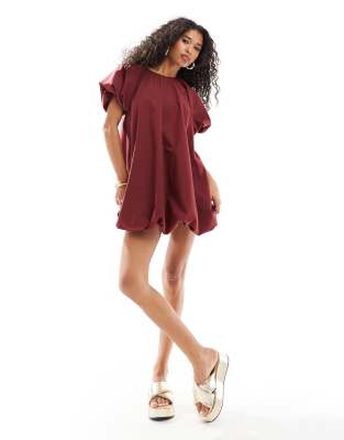 ASOS DESIGN puffed smock mini dress in burgundy-Red