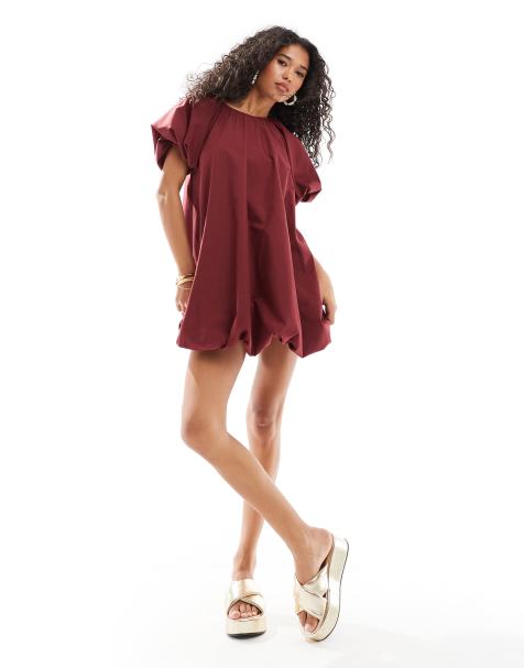 ASOS DESIGN puffed smock mini dress in burgundy - view 1