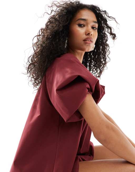 ASOS DESIGN puffed smock mini dress in burgundy