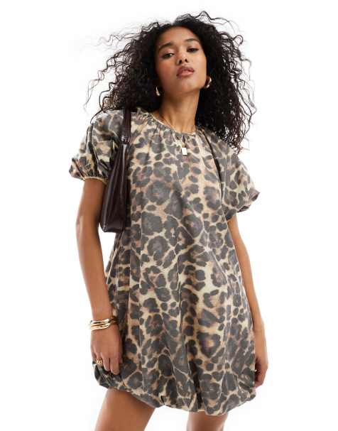 ASOS DESIGN puffed smock mini dress in leopard print - view 1