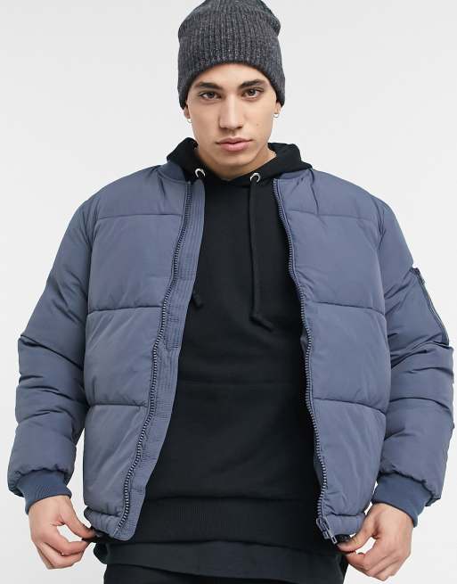 ASOS DESIGN puffer bomber jacket with MA1 pocket in gray