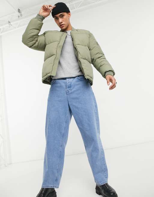 Asos Design Puffer Bomber Jacket With Ma1 Pocket In Green Asos