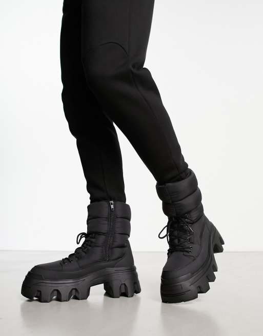 ASOS DESIGN lace up boot with chunky sole and studded strapping in black  faux leather