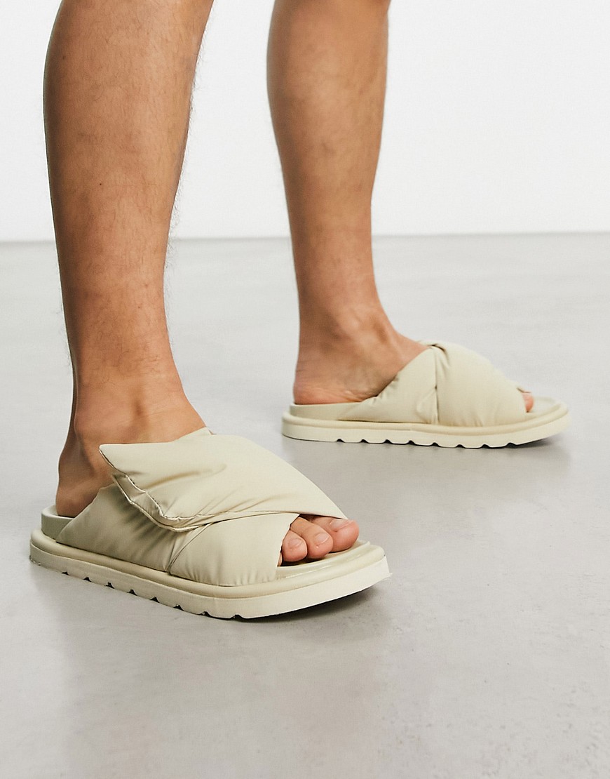 Asos Design Puffer Cross Strap Sandals In Stone-neutral
