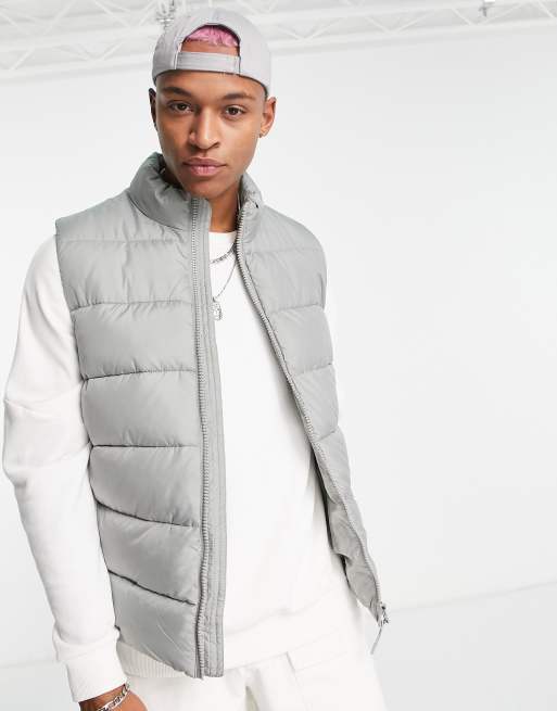 ASOS DESIGN Cropped Faux Leather Puffer Gilet In Grey for Men