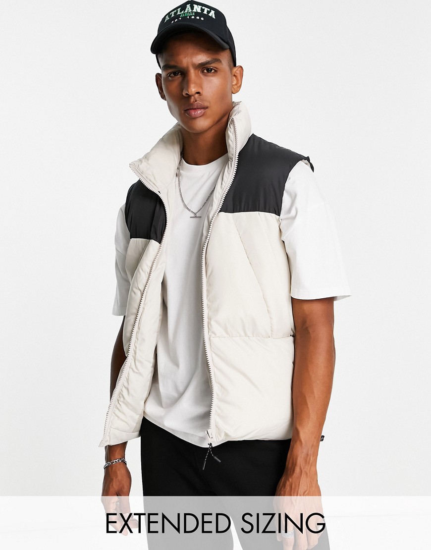 ASOS DESIGN puffer gilet in stone with contrast black yoke-Neutral