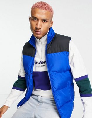 ASOS DESIGN puffer gilet with contrast panel and packable hood in cobalt blue