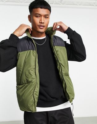 ASOS DESIGN  puffer gilet with contrast panel in khaki