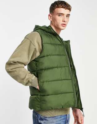 ASOS DESIGN puffer gilet with hood in green | ASOS