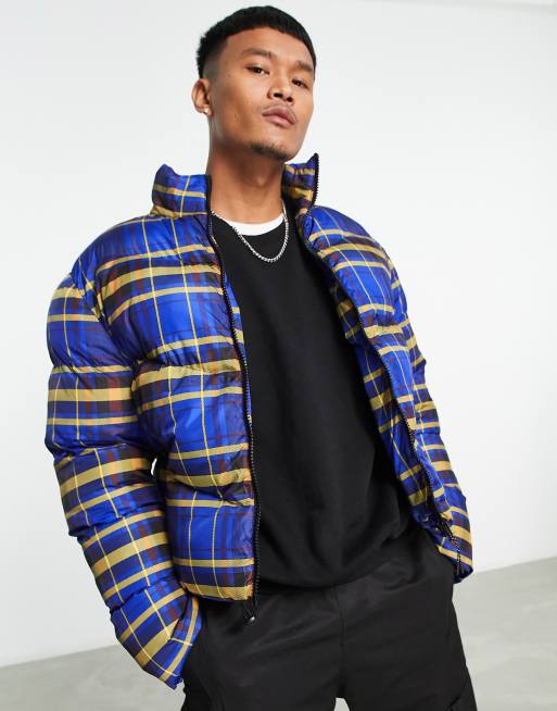 ASOS DESIGN Puffer Jacke mit Schottenkaromuster in Blau