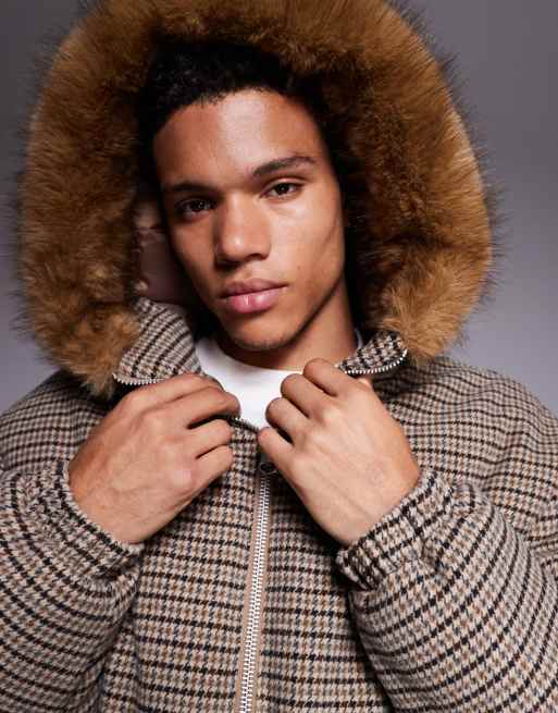 ASOS DESIGN puffer jacket heritage check with faux fur ASOS