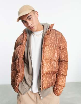 ASOS DESIGN puffer jacket in animal print in stone - ASOS Price Checker