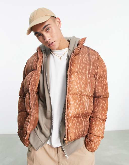 ASOS DESIGN puffer jacket in animal print in stone