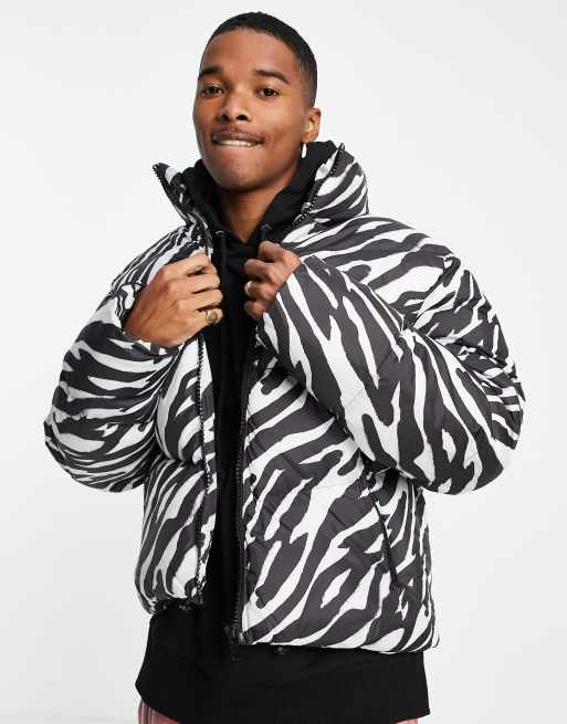 ASOS DESIGN puffer jacket in black and white animal print ASOS