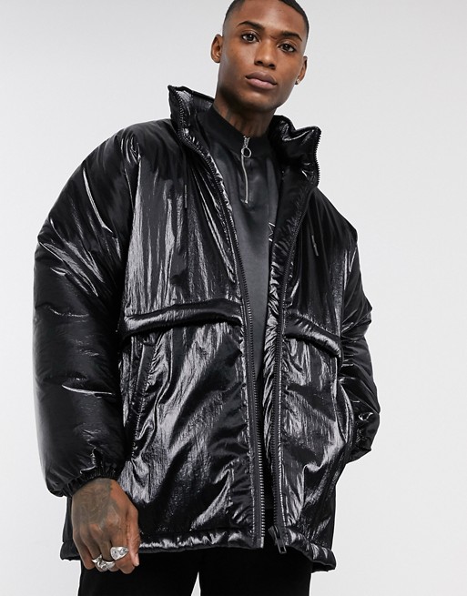 ASOS DESIGN puffer jacket in black high shine
