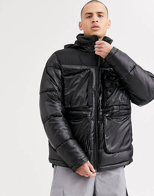 ASOS DESIGN puffer jacket in black with utility pockets | ASOS