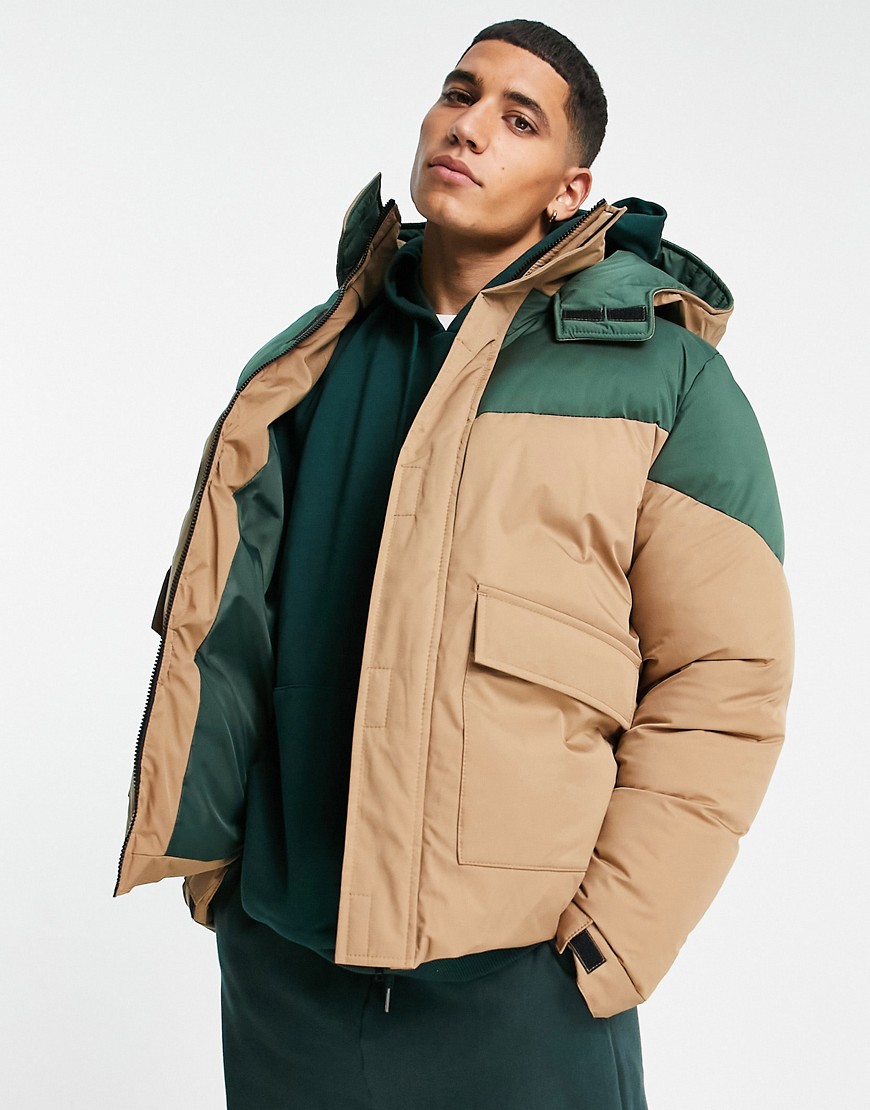 ASOS DESIGN puffer jacket in brown with contrast khaki panel