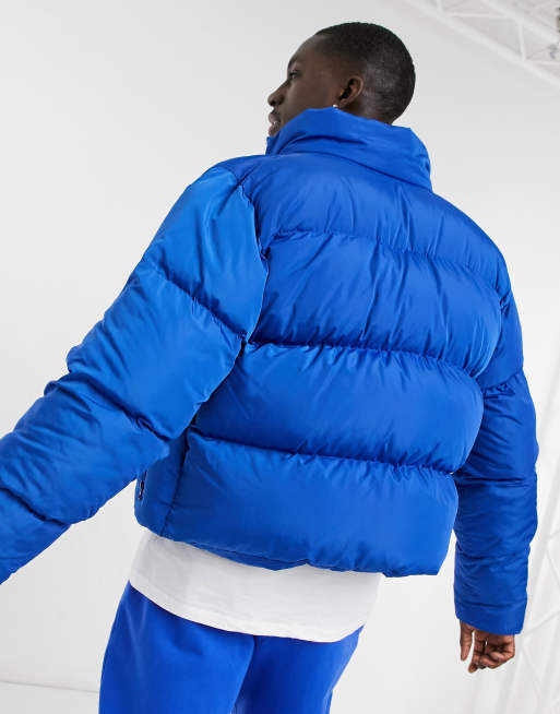 Blue puffer jacket with hood sale