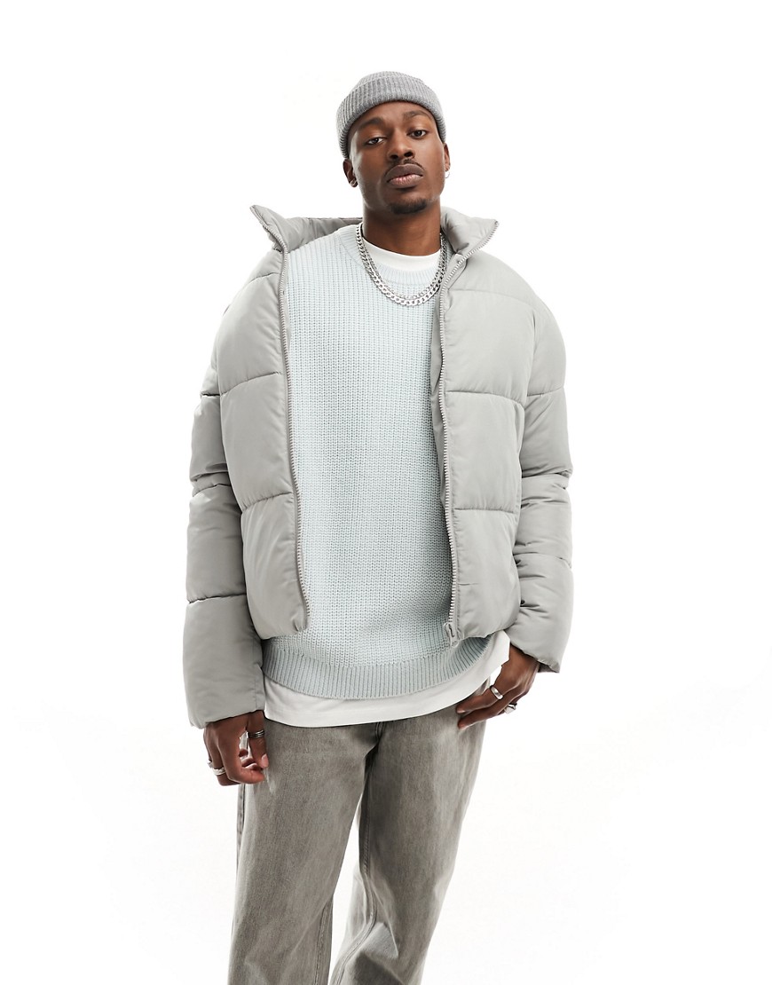 Asos Design Puffer Jacket With Detachable Hood In Gray-grey