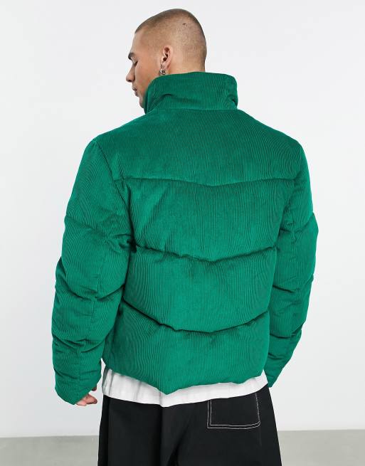 ASOS DESIGN puffer jacket in green cord