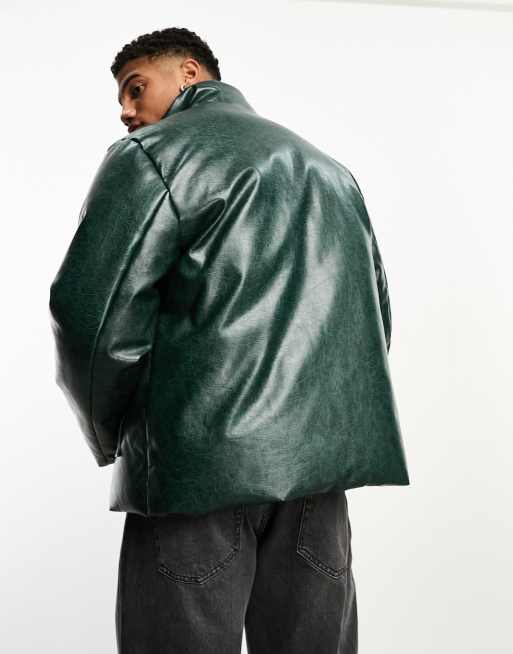 ASOS DESIGN puffer jacket in green faux leather with funnel neck