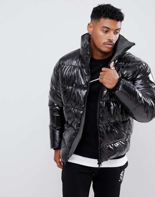 ASOS DESIGN puffer jacket in high shine fabric with check lining | ASOS