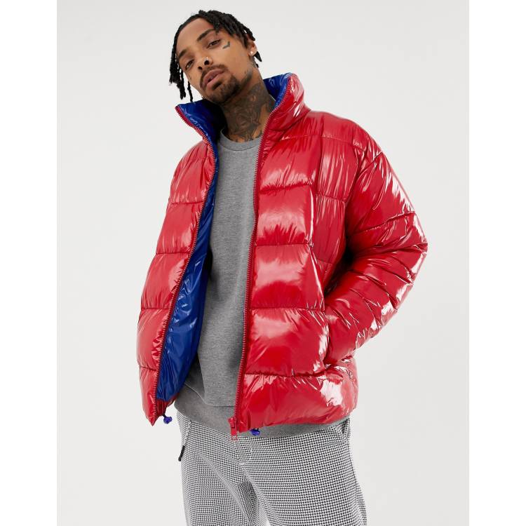 ASOS DESIGN puffer jacket in high shine in red