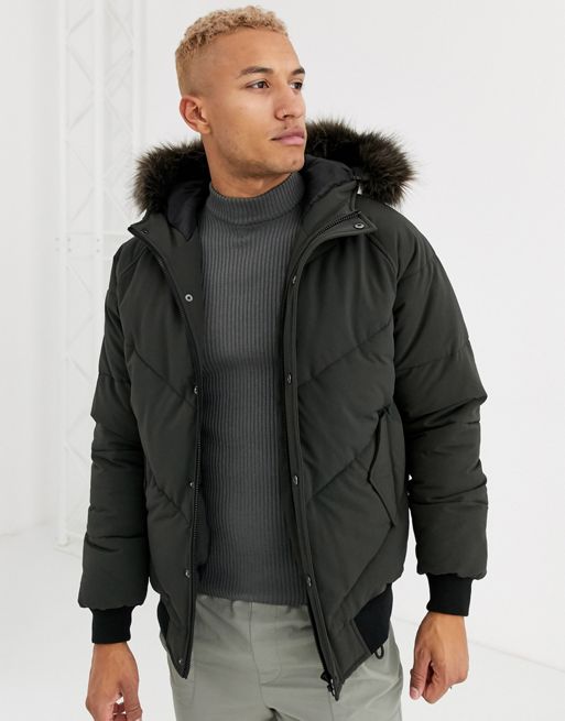 ASOS DESIGN puffer jacket in khaki with detachable faux fur trim | ASOS