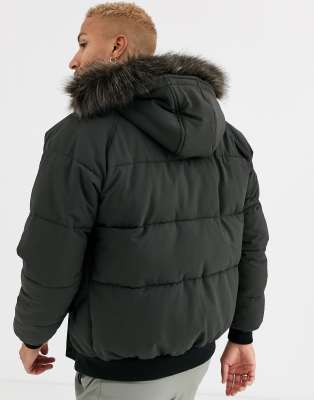 khaki puffer jacket with faux fur hood