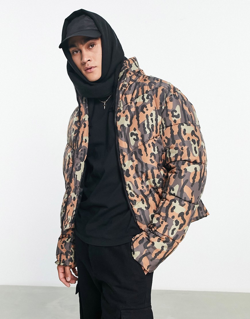 ASOS DESIGN puffer jacket in leopard print-Multi
