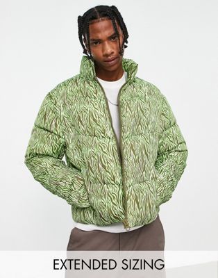 ASOS DESIGN puffer jacket in lime tiger print