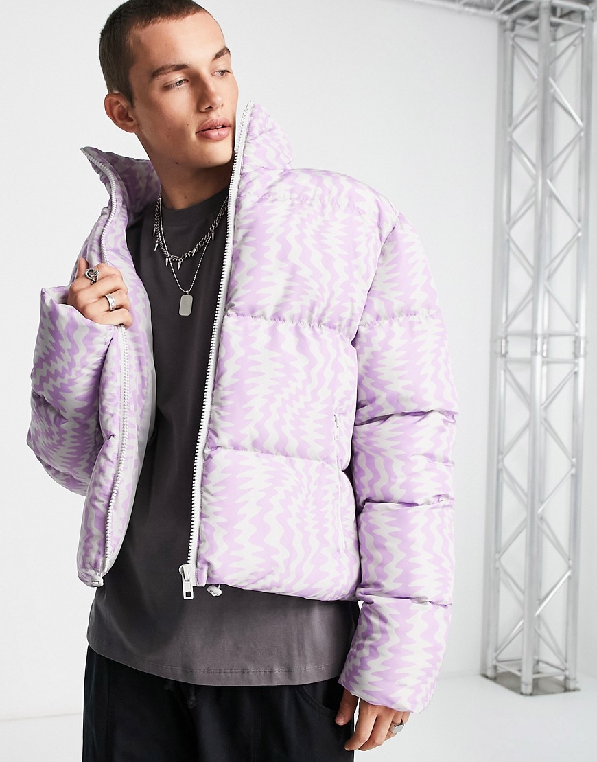ASOS DESIGN puffer jacket in purple squiggle print