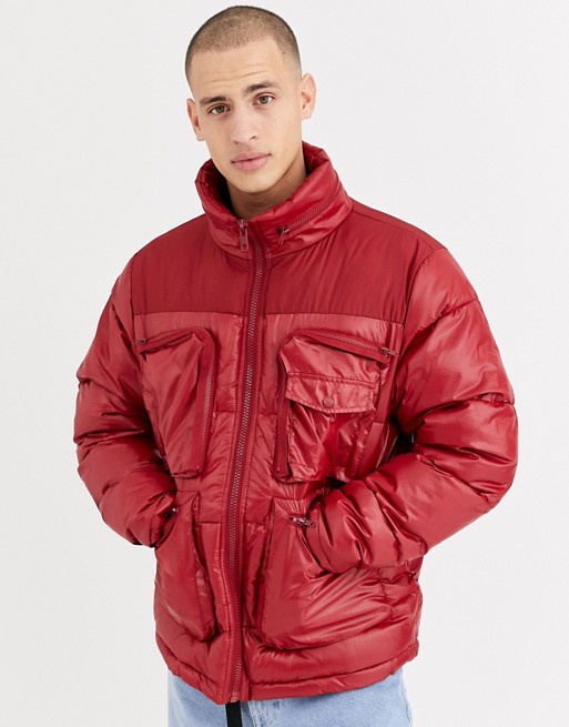 ASOS DESIGN puffer jacket in red with utility pockets