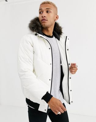white puffer coat with fur hood