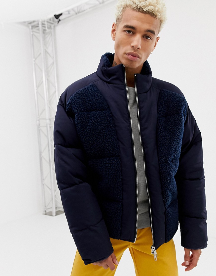 ASOS DESIGN puffer jacket with bonded teddy panel in navy