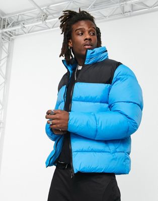 ASOS DESIGN puffer jacket with contrast panel in blue