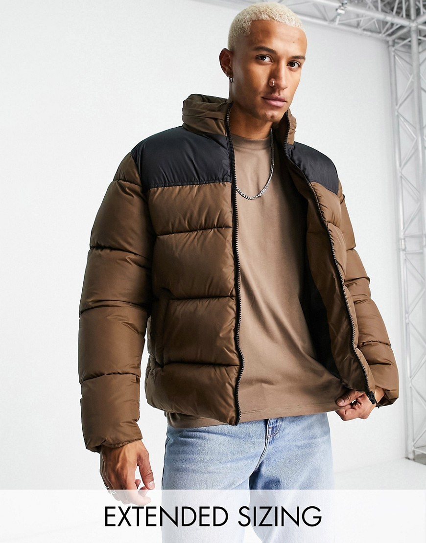 ASOS DESIGN puffer jacket with contrast panel in brown
