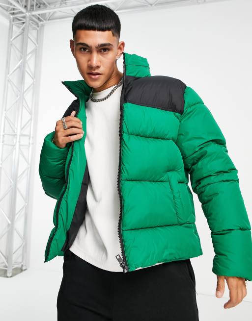 ASOS DESIGN puffer jacket with contrast panel in green | ASOS