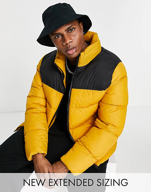 ASOS DESIGN puffer jacket with contrast panel in mustard | ASOS