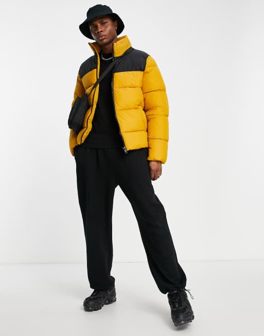 ASOS DESIGN puffer jacket with contrast panel in mustard