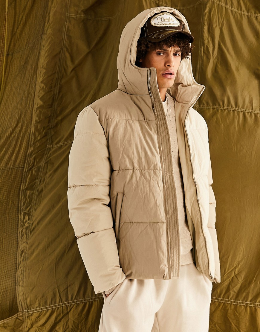 ASOS DESIGN puffer jacket with cut and sew panels in stone-Neutral