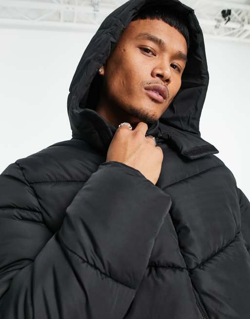 ASOS DESIGN puffer jacket with detachable hood in black