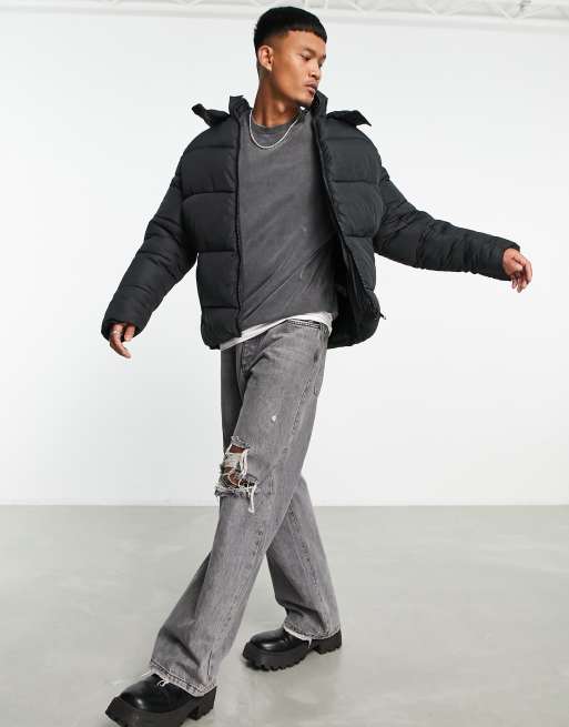 ASOS DESIGN puffer jacket with detachable hood in gray