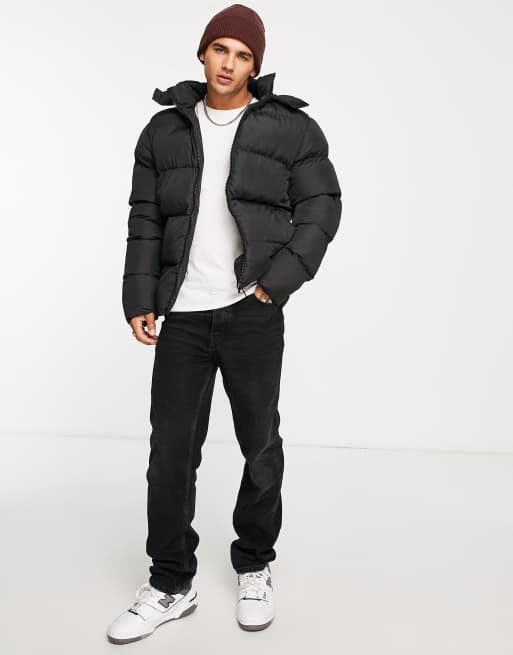 ASOS DESIGN puffer jacket with detachable hood in black